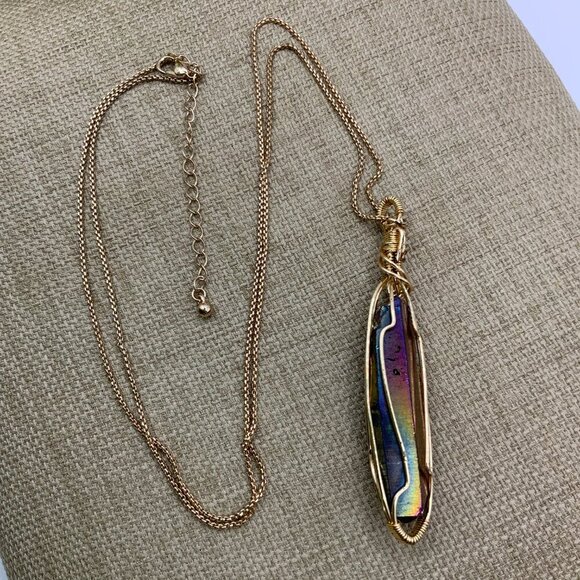 Rainbow Quartz Crystal Gold Tone Wire Wrapped Pendant Long Chain Necklace - Picture 2 of 7